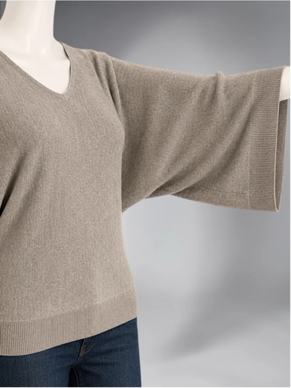 New York & Company Taupe Bell Batwing Sleeve V-Neck Sweater